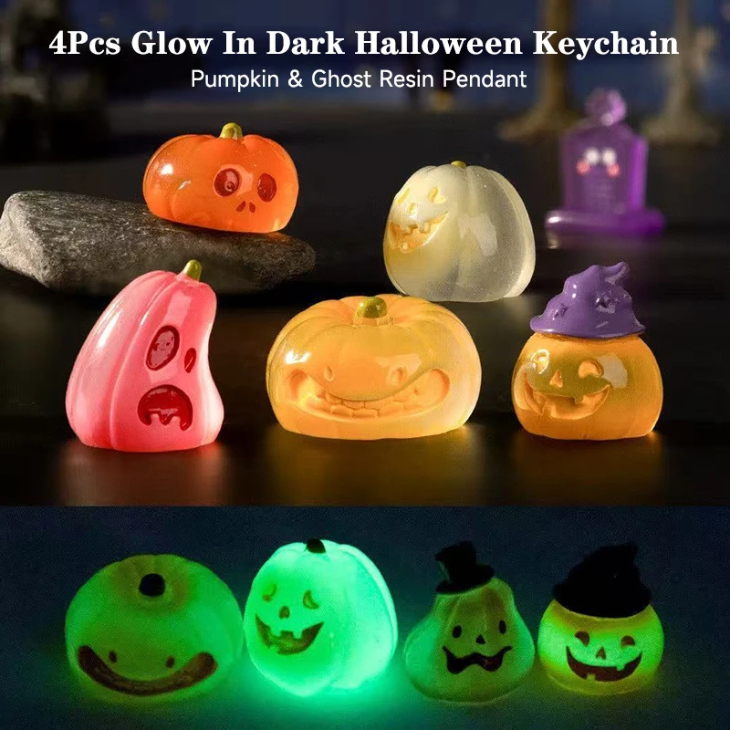 4Pcs Set Glow in Dark Halloween Pumpkin Ghost Car Keychain Jelly Translucent Resin Kawaii Key Ring Bag Charm Party Favor Gift