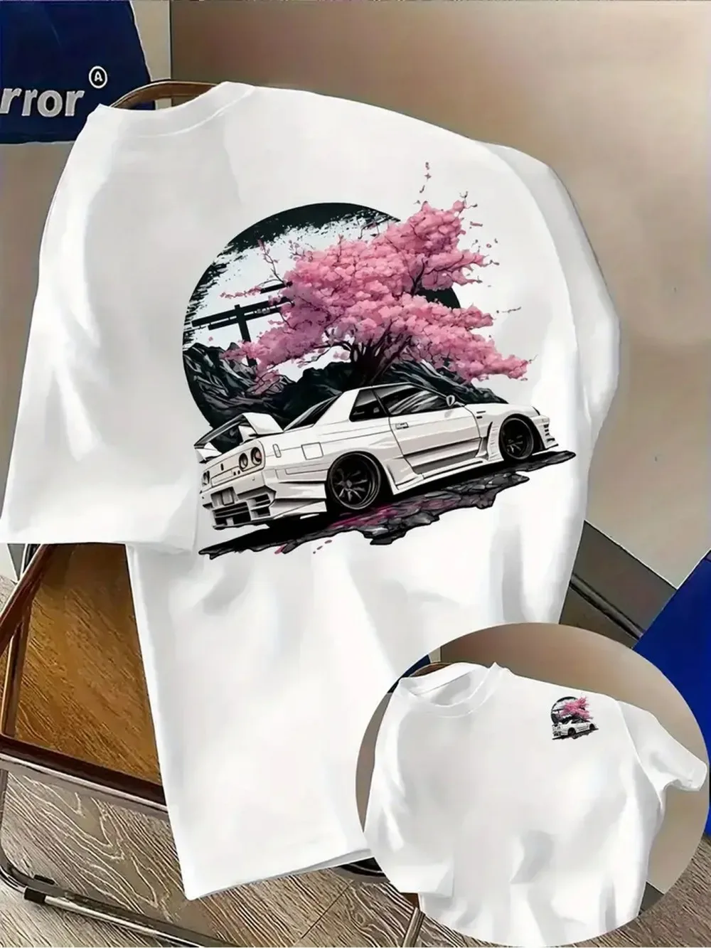 European and American Men's Summer Cherry Blossom Racing Print Comfortable and Breathable Round Neck T-Shirt Outdoor Street Top
