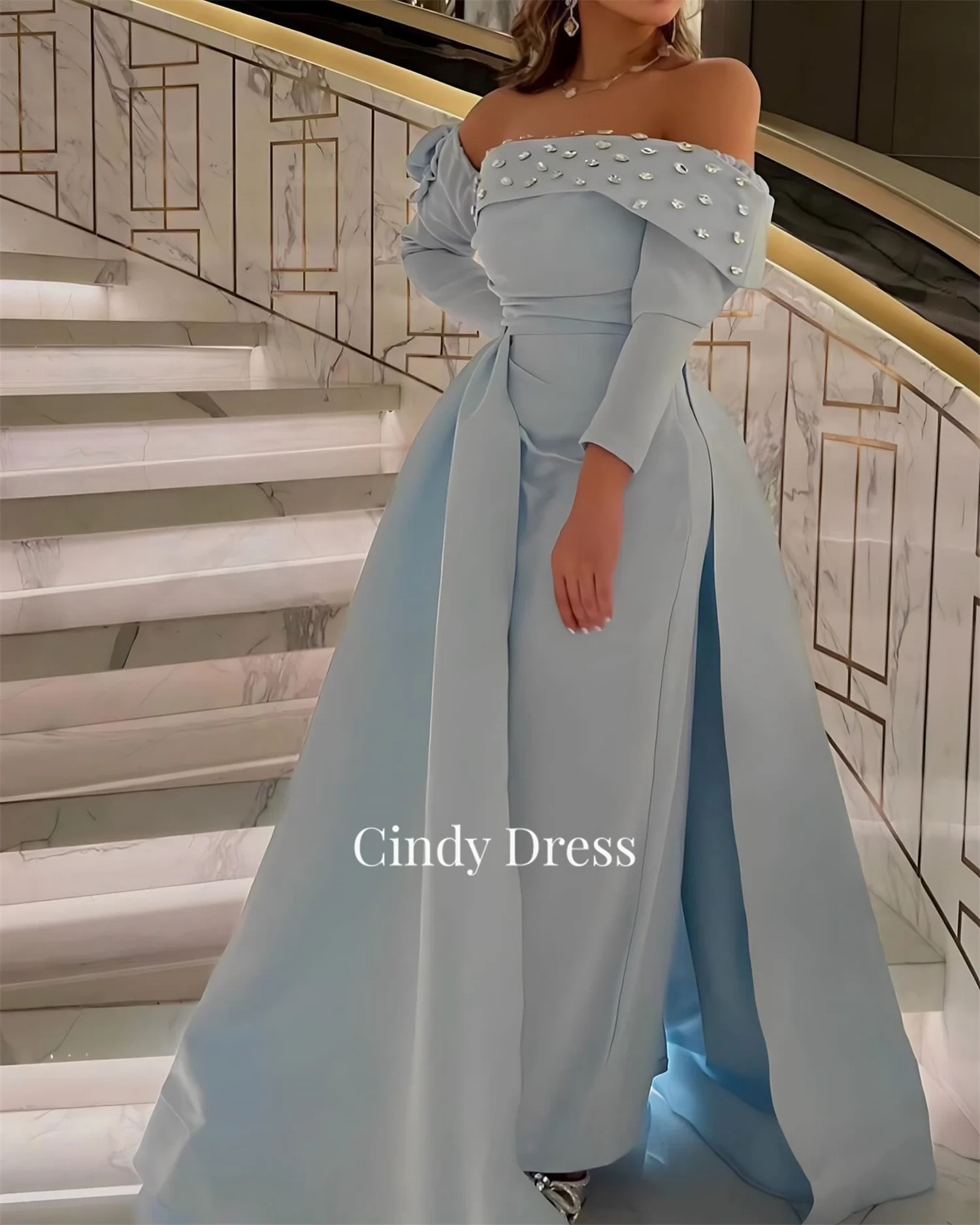 Cindy Saudi Arabian Off-shoulder Mermaid Long Sleeves Long Tail Diamonds 2025 Dress Customized Formal Occasion Dresses Party