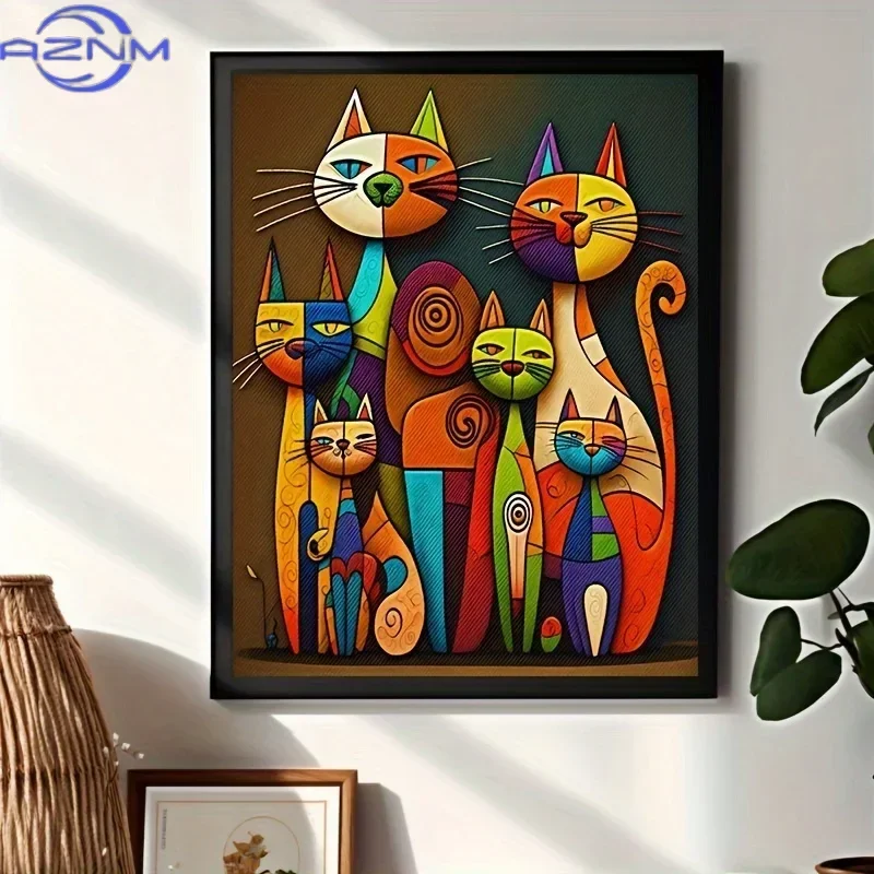 Colorful Abstract Cat Canvas Art, Frameless Vibrant Rainbow Cartoon Animal Wall Decor for Living Room, Bedroom, Office, and Bar
