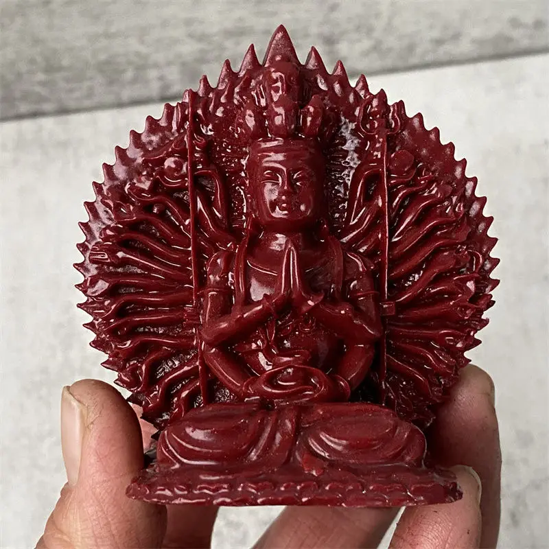 Chinese Natural Vermilion Handcarved Exquisite Sand Thousand Handed Guanyin Decorations Statues Carving Living Room Home