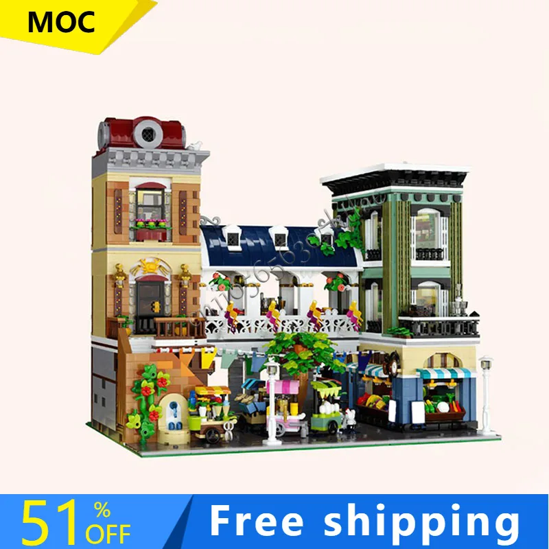 

4843 шт. MOC, средневековый роскошный фермерский рынок, модульная модель, архитектурный строительный блок, сделай сам, образовательная сборка, детские игрушки, подарки