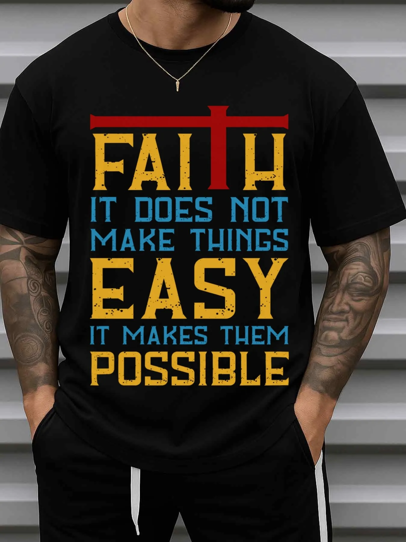 Men's 180g Heavyweight Faith Creates Possibilities T-Shirt - Christian Faith Statement T-Shirt, Red and Yellow Letter Print, Casual Wear - Spiritual Gift Idea for Believers, Durable Print Quality