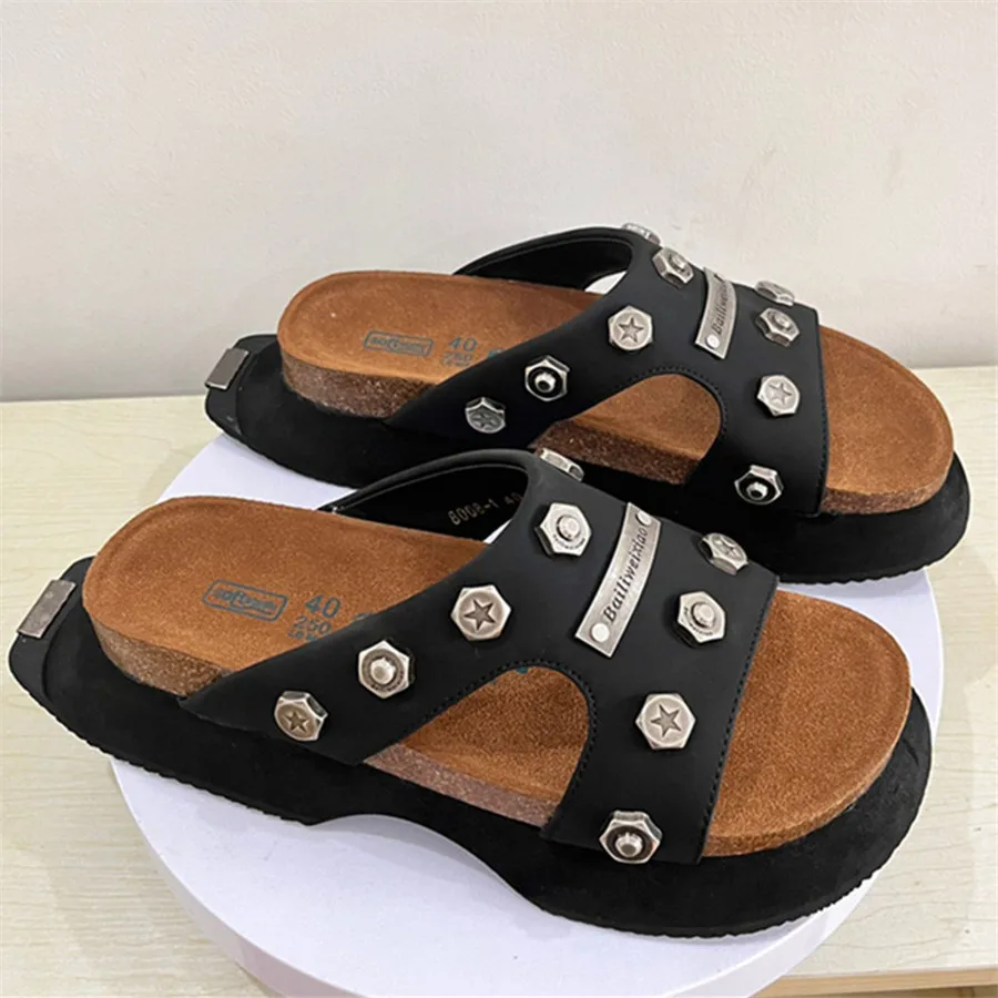 Punk Style Women Slippers Thick Sole Platform Mules Ladies Summer Gladiator Beach Slides Rivets Studded Rock Flat Shoes Woman