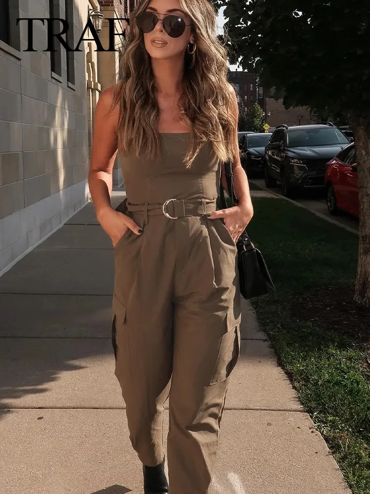 TRAF Spring New Women Fashion Y2K Jumpsuit Solid Green With Belt Sleeveless Green Cargo Pants Loose Chic Female Clothing Street