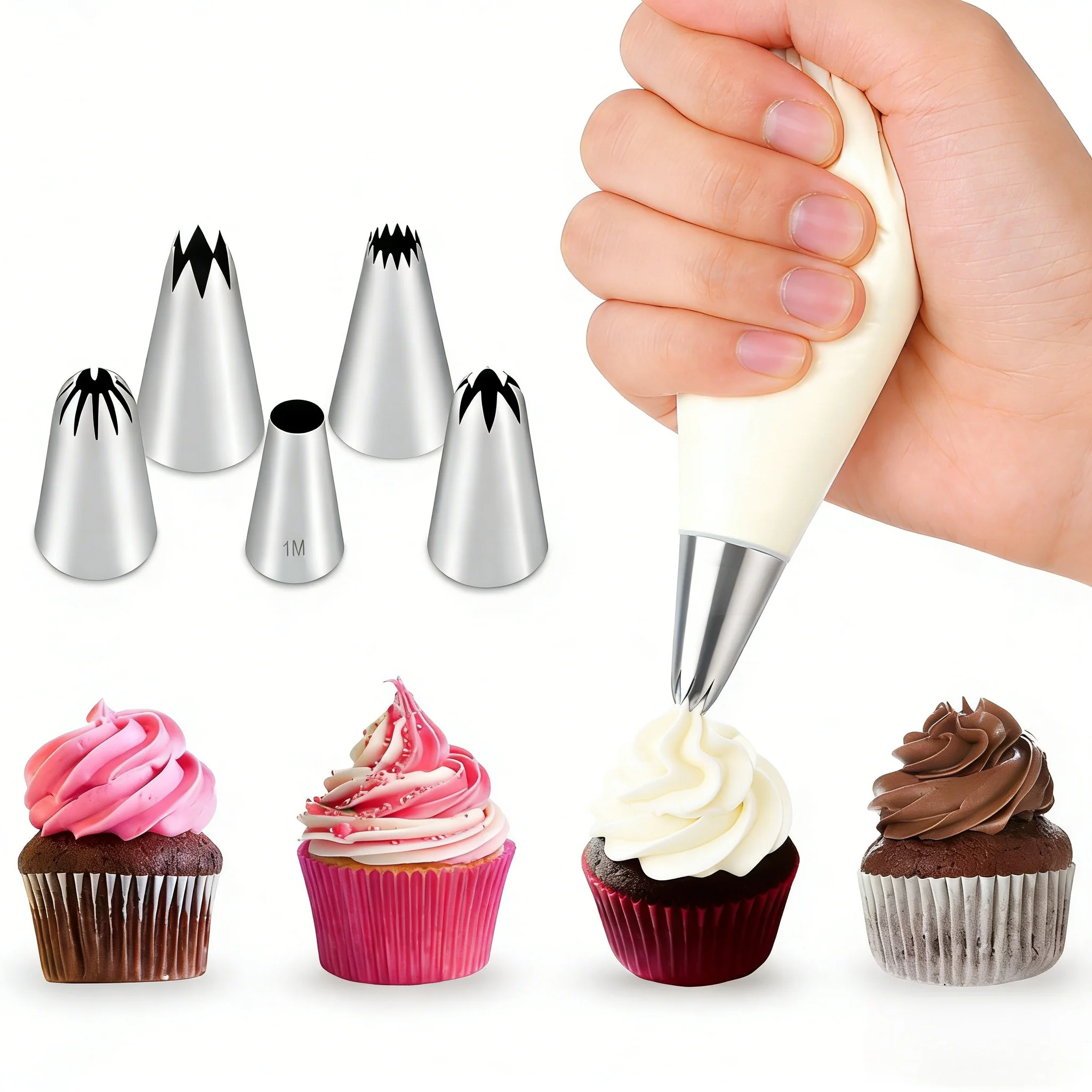 Kit de 5 Boquillas Metálicas para Decoración de Pasteles (1M, 1A, 4B, 6B, 108E) - Para Principiantes y Reposteros, Imprescindible del Black Friday para Repostería Casera