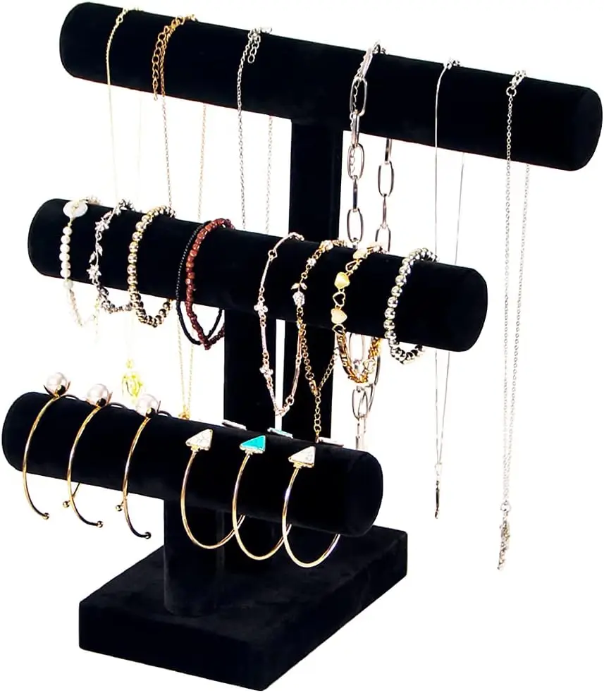 

T Bar Bracelet Display Stand,Bracelet Organizer Holder,Jewelry Display Stand, Necklace Bangle Scrunchie Watch Organizer (Black, 3 tier)