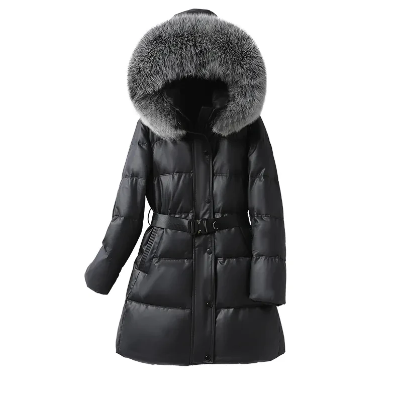 Genuine Leather Down Jacket Women Lace-up Belt Natural Fox Fur Collar Hooded White Duck Down Ladies Slim Sheepskin Outwear