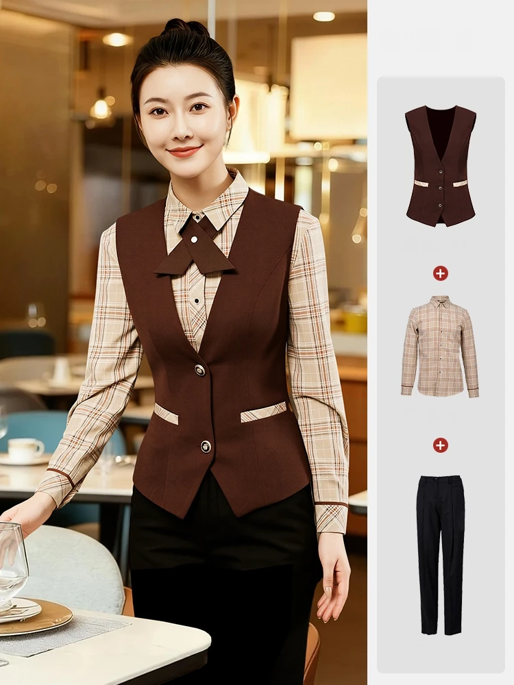 호텔 레스토랑 커피 바텐더 바 웨이터 유니폼 세트 앞치마 포함 긴 소매 음식 서비스 유니폼 바 작업복 셔츠