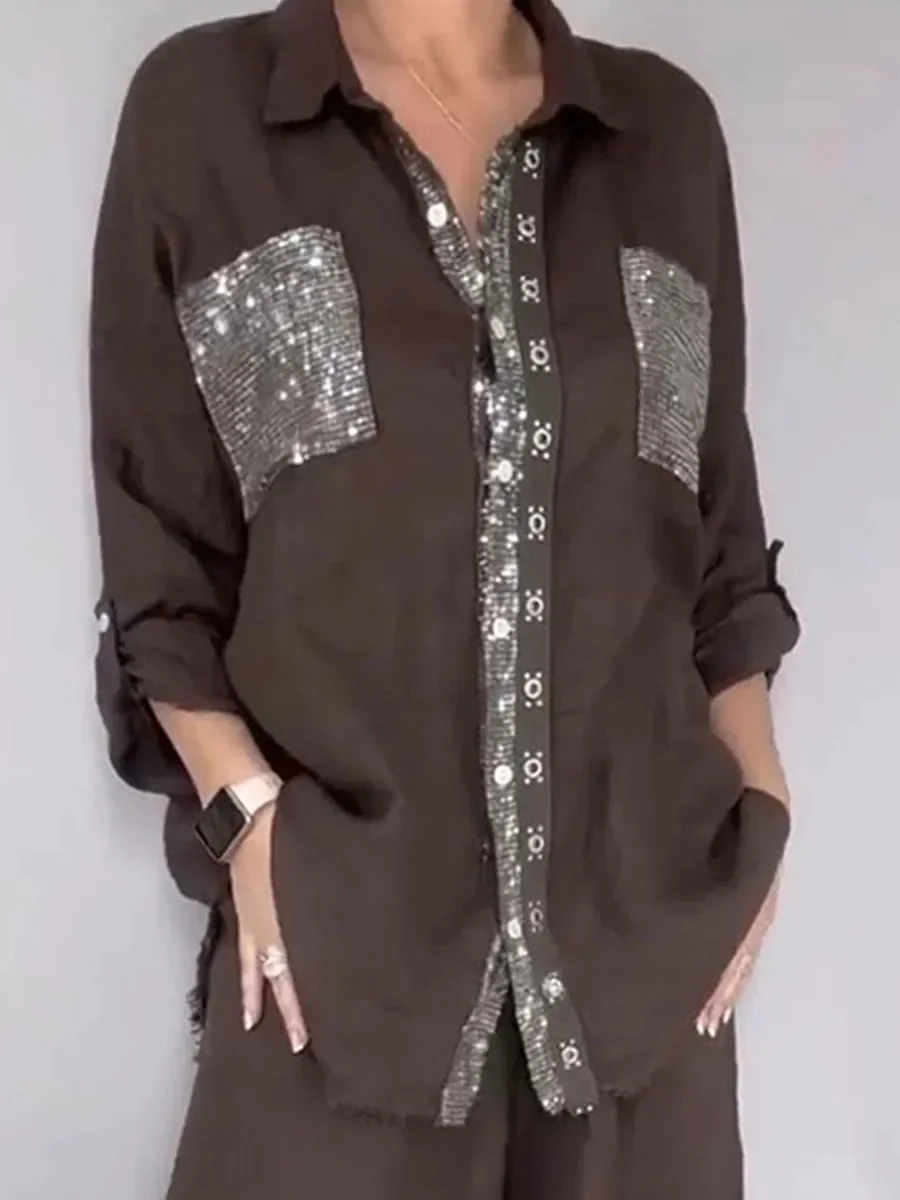Modisches, lockeres Paillettenhemd für Damen, 2-teiliges Set, elegantes Langarm-Oberteil, hochtaillierte, weite Hose, Sommer-Herbst-Outfit für Damen – Detail 7