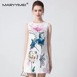 MARYYIMEI Fashion Women's New Sleeveless Tank Hand-Painted Beaded Sequin Nail Beads Vintage Printed Elegant A-Line Mini Dresses