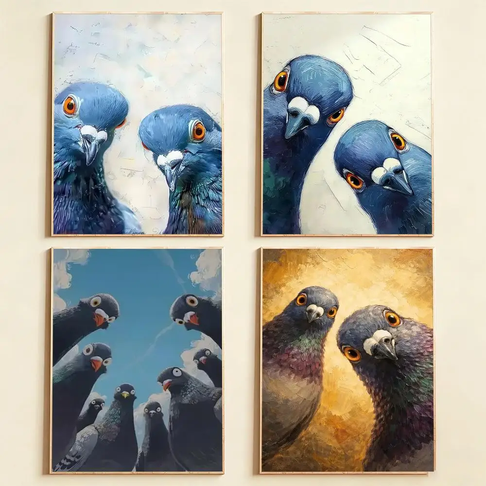 Witzige Tauben HD-Wandkunst-Poster Mid-Century Retro-Vogel-Illustration Lustiges Tier Ausgefallene Wohnkultur Küche Wohnzimmer Geschenk