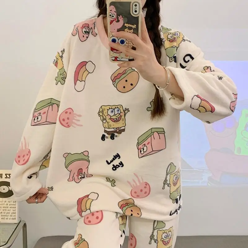 Girls' New Warm Long-Sleeved Pajamas Set Kawaii Women's Thickened Trousers Home Clothes Students Korean Fashion Two-Piece Tops