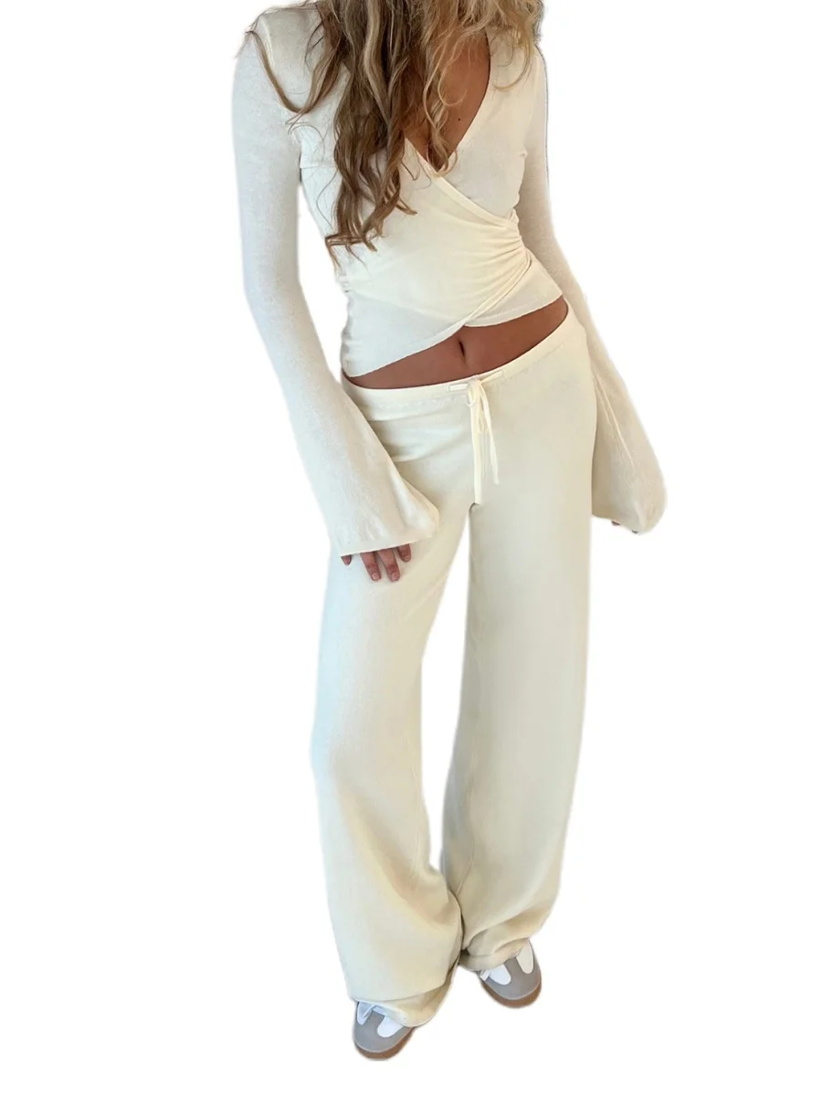 wsevypo Women 2-piece Tops Pants Sets Solid Color Long Sleeve Waist Tied Cropped T-shirt and Elastic Waist Pants Loungewear Set