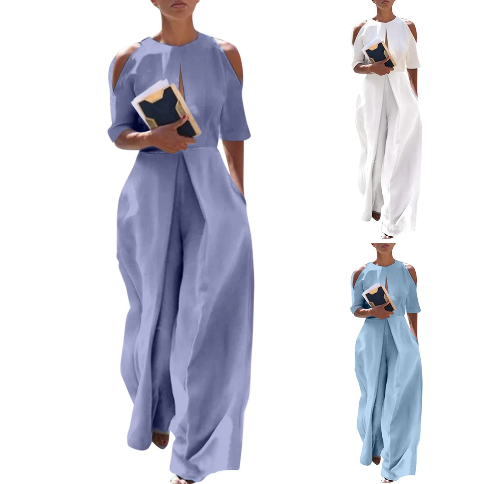 بذلات نسائية أنيقة برقبة مستديرة وأكمام قصيرة مجوفة بدون حمالة ، أزياء كاجوال فضفاضة ، مأدبة براقة