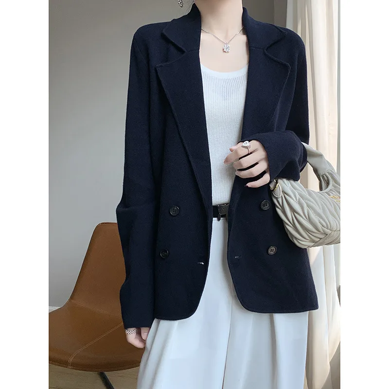 New Autumn And Winter Worsted Wool Cardigan Women\'s Suit Collar Solid Color Double-breasted Jacket Loose Short Knitted Top