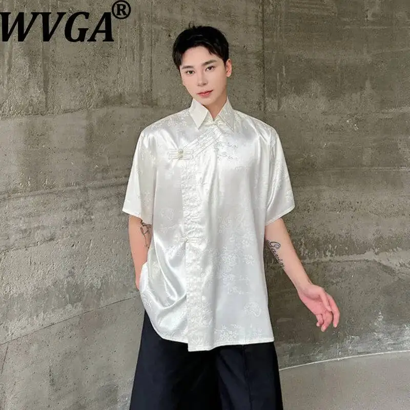 WVGA Summer New Men's Chinese Style Embossed Satin Vintage Short Sleeve Shirt Niche Chic Casual Turn-Down Collar Tops Ins W24430