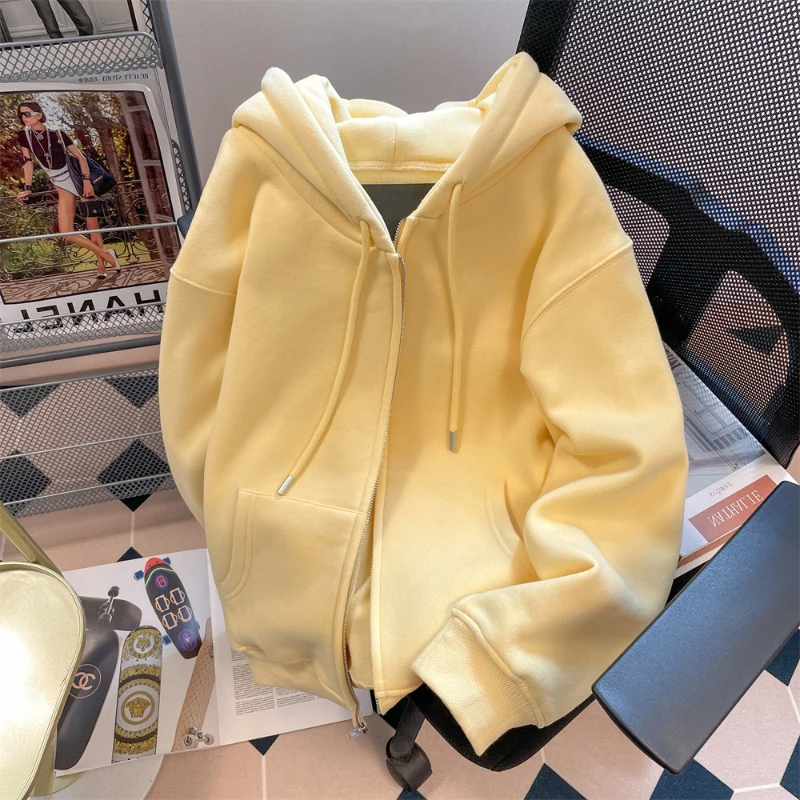 Spring Autumn Thin Solid Color Outerwear Korean Style Oversized Hooded Cardigans Female Casual All-Matched Sweatshirts