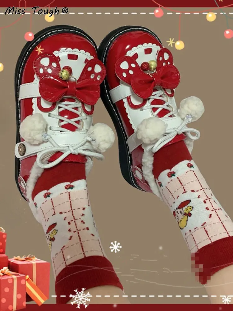 Winter Red Lolita Kawaii Shoes Women Bow Japanese Style Sweet Plush Pumps Female Christmas Fashion Round Toe Casual Shoes 2022