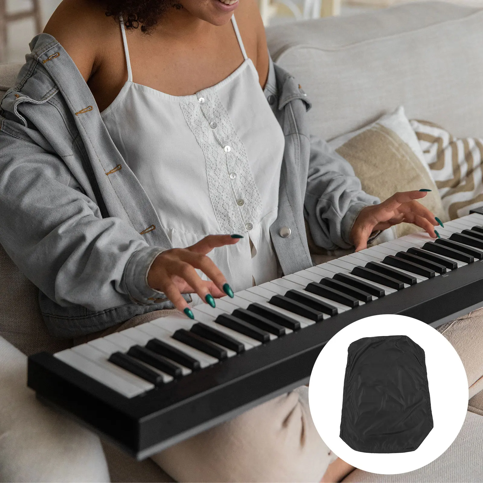 

61 Key Electronic Keyboard Cover Black Stretchable Drawstring Dust Proof Sunlight Resistant for Digital Piano Fits Most 61 Key