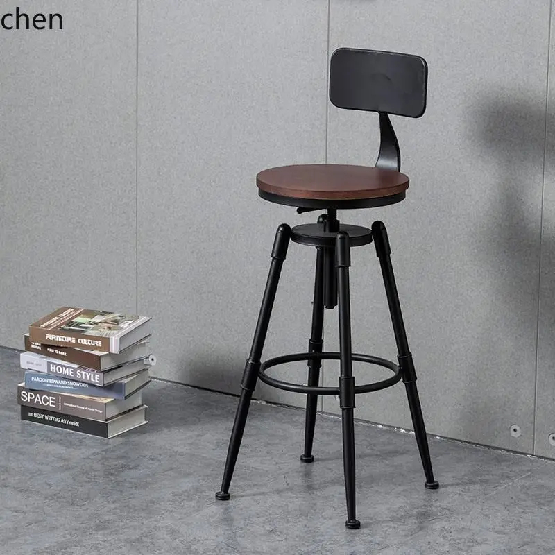HXL Retro Industrial Style Bar Chair Rotating Adjustable Solid Wood High Stool Iron Art Backrest Home Restaurant Bar Stool
