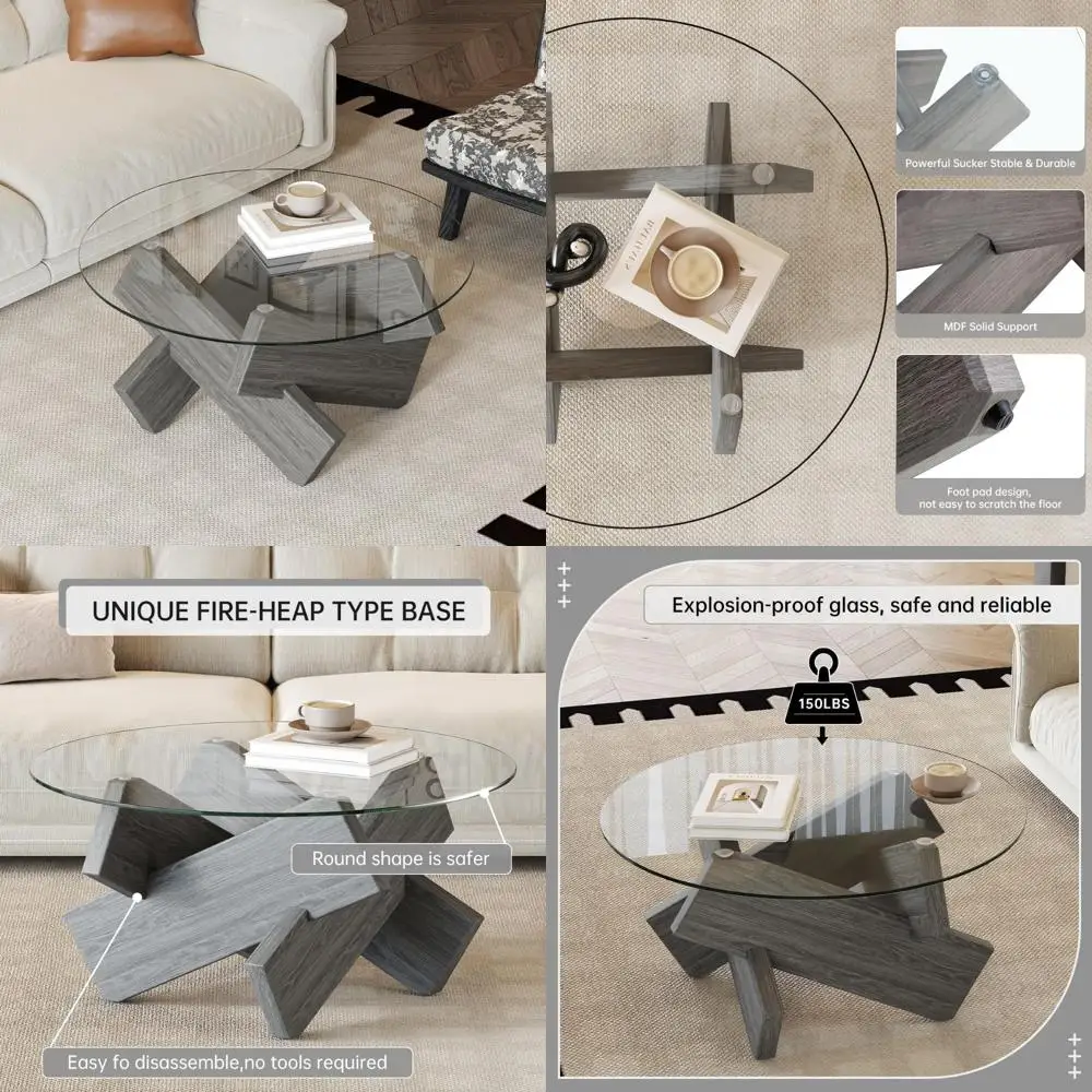Modern Clear Glass Coffee Table 33-Inch Round Small Living Room Accent Table Suitable for Farmhouse and Contemporary Styles
