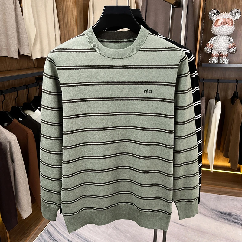Luxury Knitted Sweater Round Neck Long Sleeve Striped Pullover Autumn Winter Fashion Casual Business Classic Versatile Mens Wear