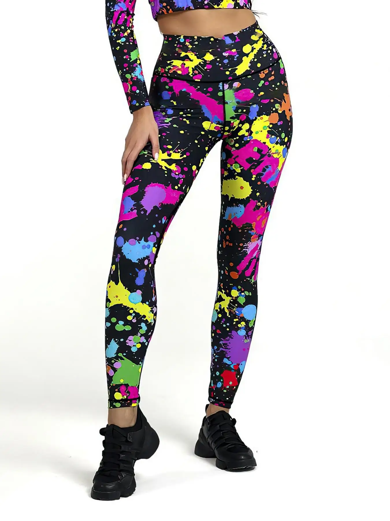 Women's  Letter & Splash Ink Print High Waist Leggings, Casual Comfy Skinny Pants for Yoga Gym Workout, Ladies Bottoms for All S