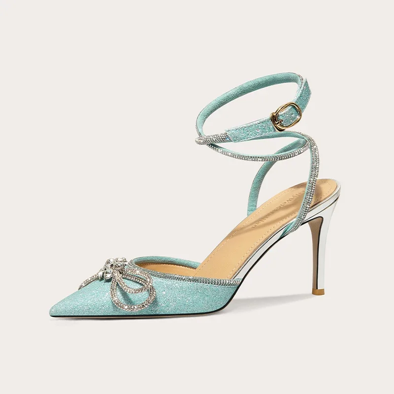 Summer pointed rhinestone bow silk glitter wedding shoes banquet large size small size widened high heels women's sandals