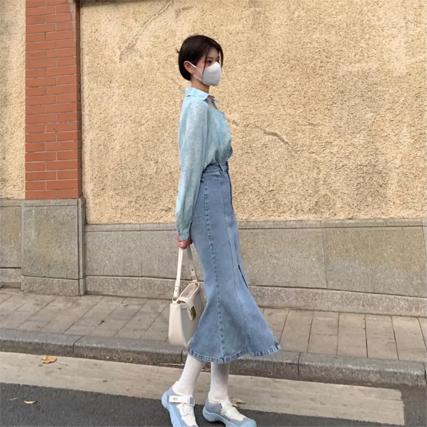 Falda vaquera Vintage de cintura alta para mujer, Falda Midi Sexy