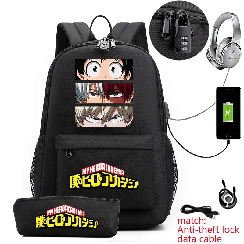 My Hero Academia Anime Backpack Youth Travel Bag Campus Student Schoolbag Pencil Bag Two-piece Set