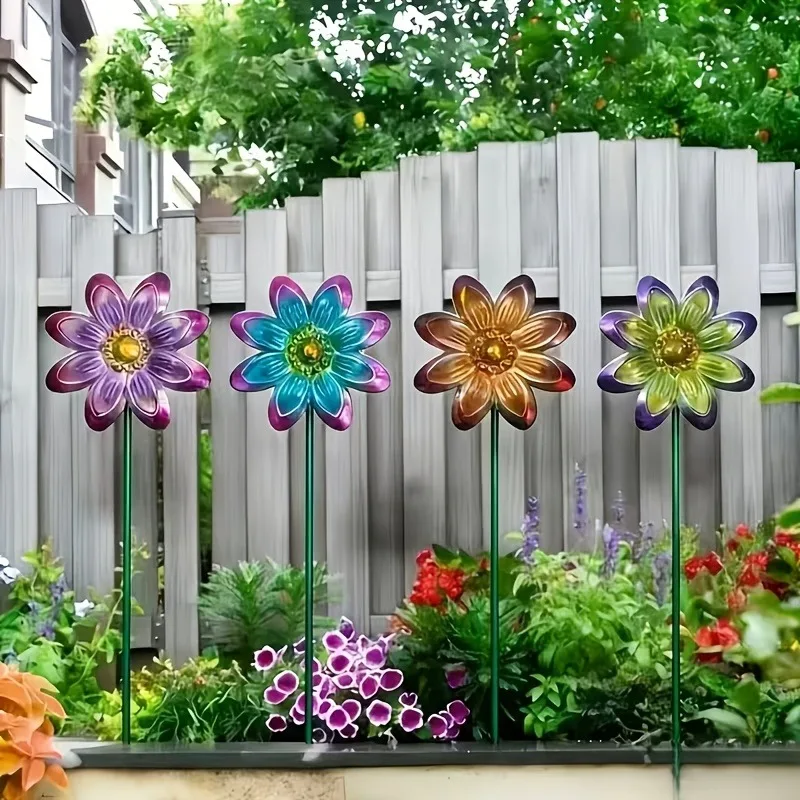Set of 4 Colorful Metal Floral Garden Stakes | Durable and Vibrant Garden Decor, Yard Art, Patio Accents, and Lawn Accessories; Easy to InstallPerfect for Landscaping, Spring/Summer Displays, and Holiday Decor
