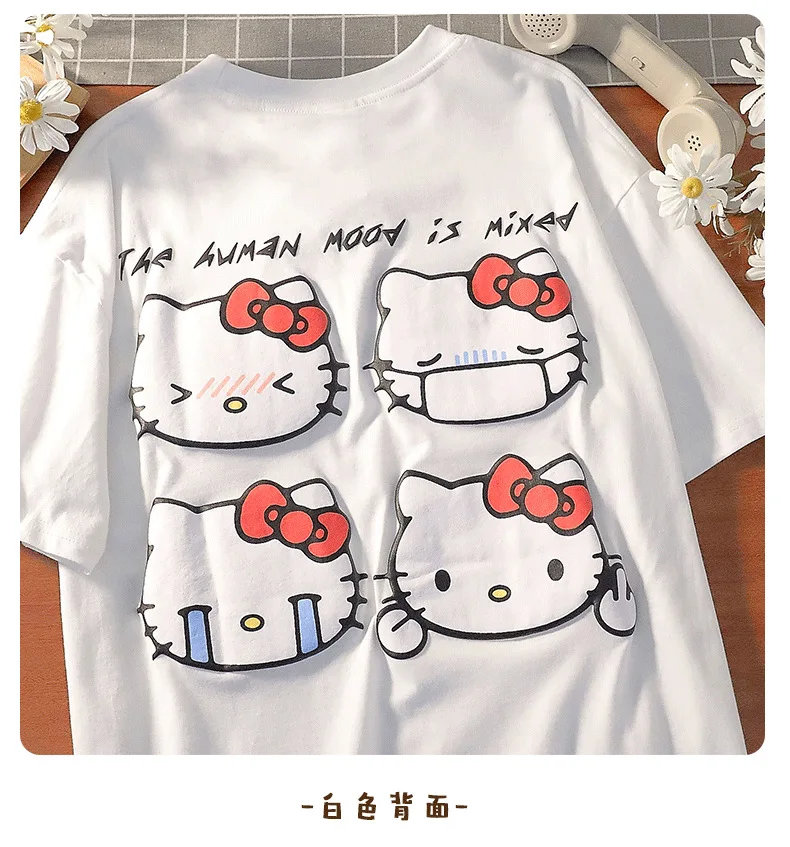 Hello Kitty Cartoon wydrukowano bawełny z krótkim rękawem dziewczyna Student Oversize cały mecz mały T-shirt kobieta wokół szyi Street stylowy Top