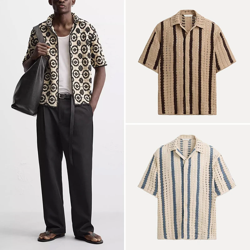 Fashionable Loose Knitted Short Sleeve Shirt Men's Summer 2025 Hollow out Texture Hook Weave 429 Zadata Casual Shirt