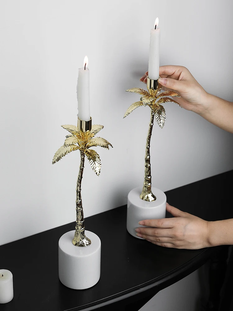 Golden Metal Candlestick with Volakos White Marble Base Luxury Candle Holder for Home Decor