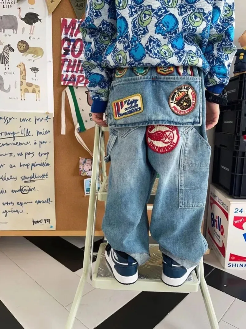 Y2K القوطية بنين جينز الشارع الشهير الهيب هوب الكرتون التطريز الرجعية الأزرق فضفاض نجوم الربط الخام حافة الدنيم موضة السراويل غير رسمية #2