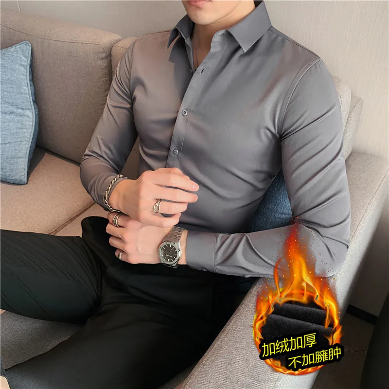 High-Grade Winter Thicken Thermal Velvet Padded Shirt, Men's Business Casual Slim-Fitting Long-Sleeved Shirt, Office Wear