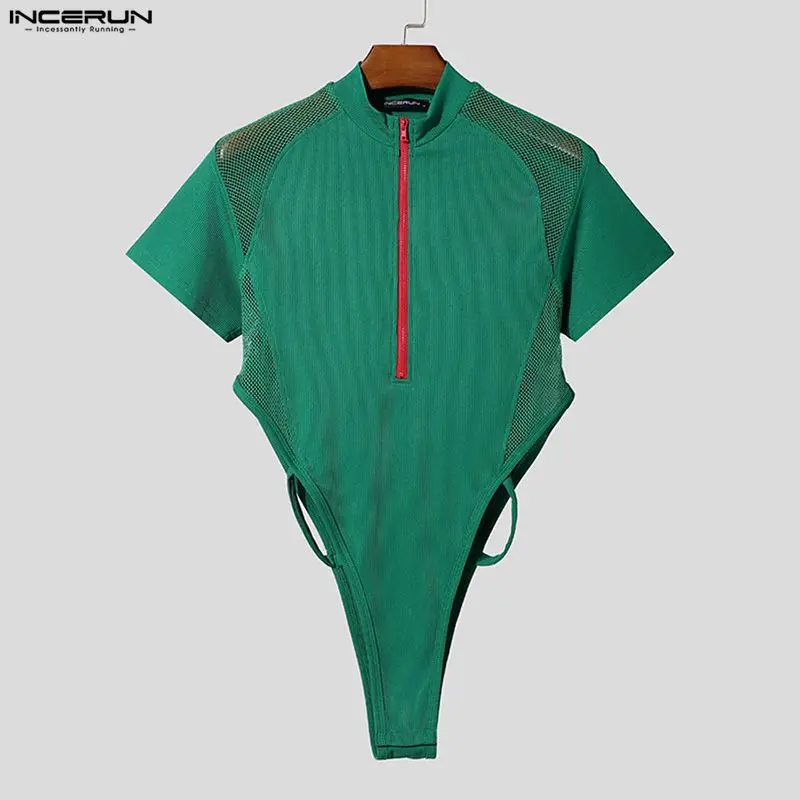 INCERUN Herren-Bodysuits Mesh-Patchwork Durchsichtiger Reißverschluss Lässiger Herren-Overall Playsuit Modischer Kurzarm-Bodysuit für Männer