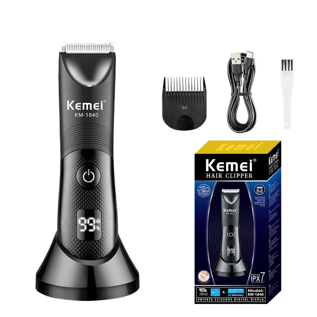 Kemei Hair Trimmer Private Area Hair Remover Electric Hair Shaving Machine IPX7 Waterproof LED Display Bikini Shaver KM-1840