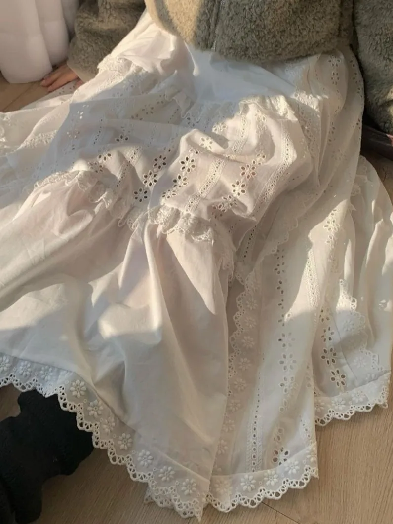 Spring 2025 Dongda Gate Elastic Waist Lace Hollow out Long Skirt Women's Versatile White f-length Skirt Commute Sle Pure...