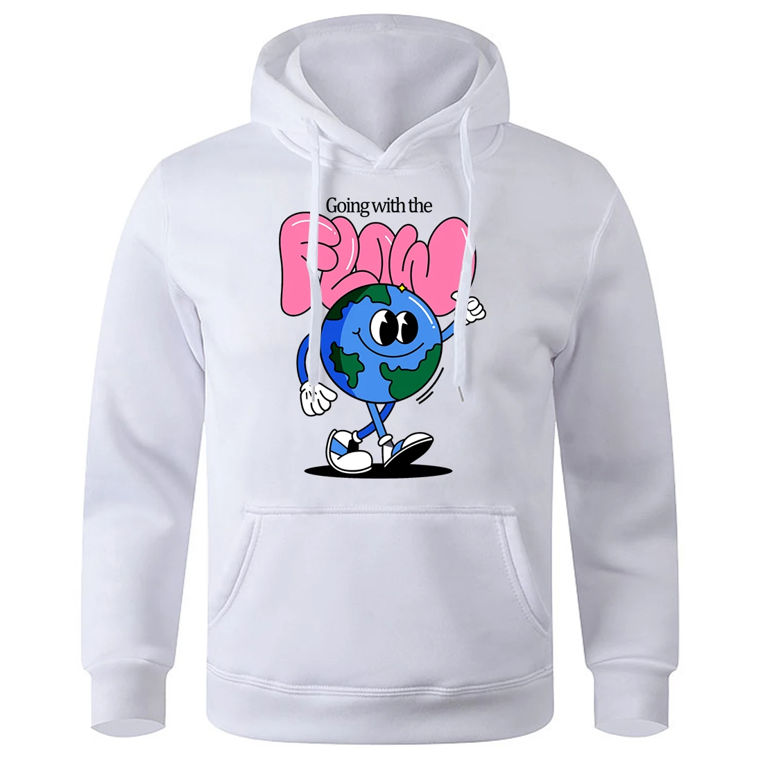 Going With The Earth Cartoon & Slogan Graphic Print Hoodies Men O-Neck Casual Hooded Sport Street Hoodie Winter Warm Sweatshirt