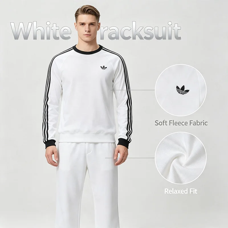 Hot Adidas Authentic White Tracksuit Women 2-Piece Soft Fleece Casual Sport Set Hoodie Sweatpants Loungewear