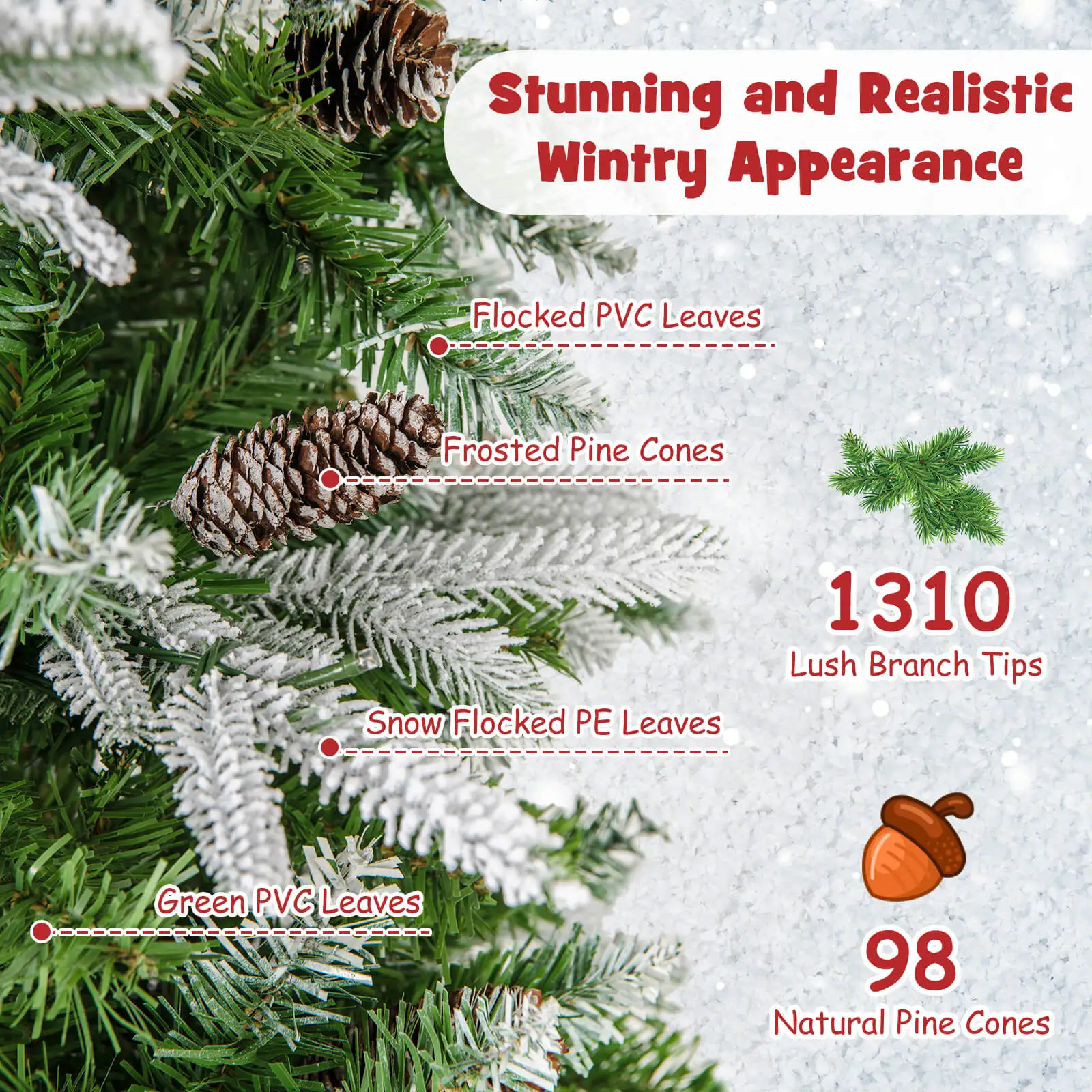 9 FT Flocked Christmas Tree w/1310 PE PVC Branch Tips 470 Warm White LED Lights