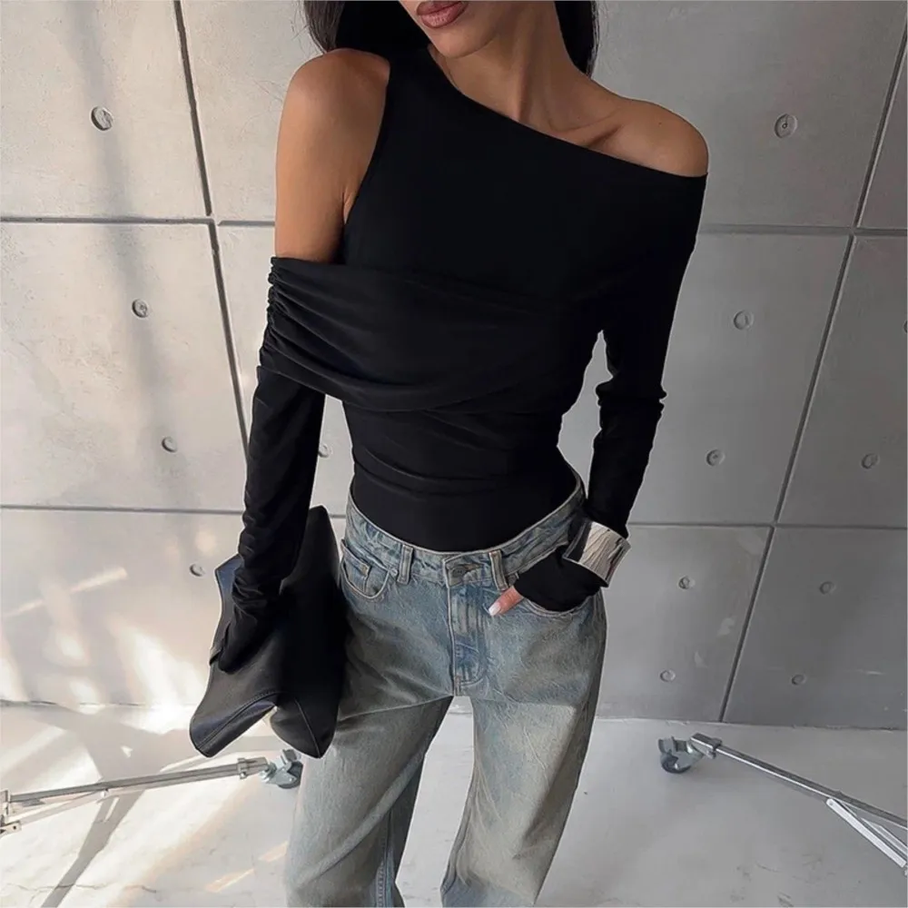 Fashionable Personalized Irregular Sloping Shoulder Pleated Slim Fit T-shirt Top Simple Style All-match Solid Color Temperament