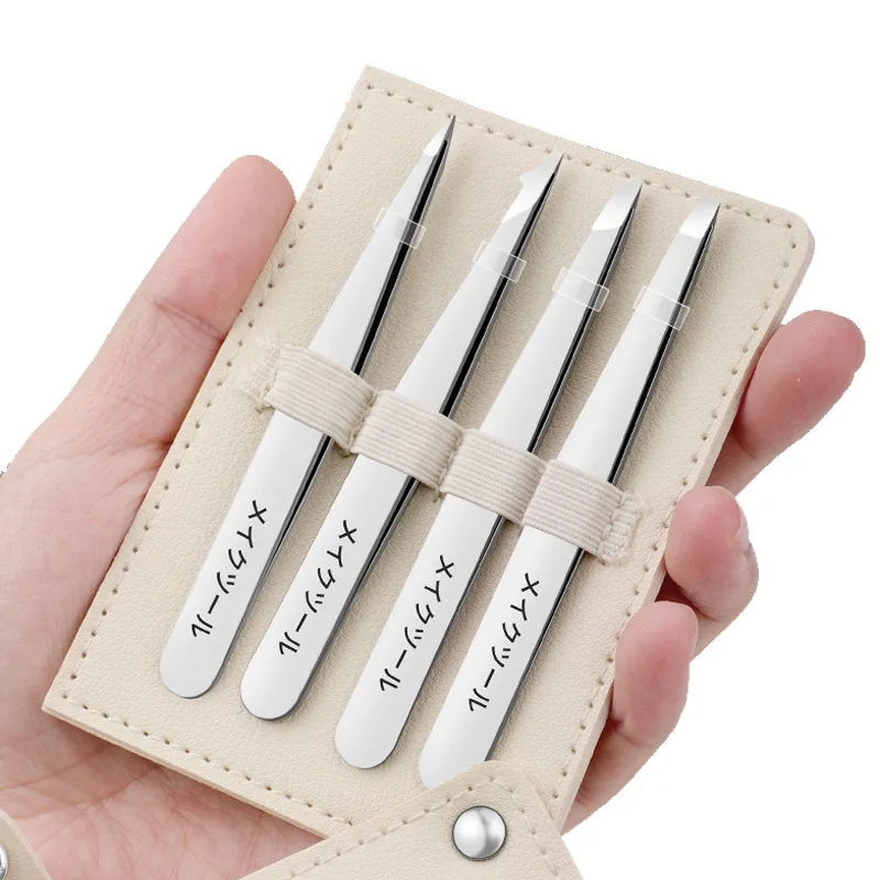 4 In 1 Eyebrow Tweezers Set Stainless Steel Professional Tweezers For Hair Removal Facial And Eye Makeup Tools With Storage Bag