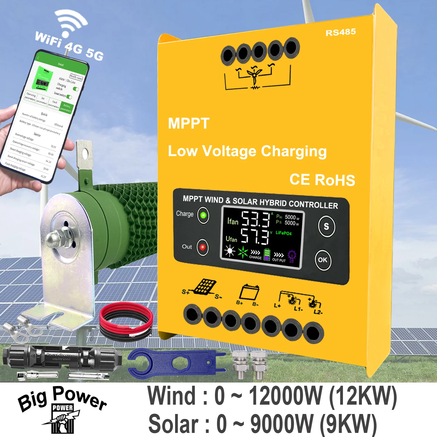 WIFI 12V 24V 48V MPPT Charge Controller 100A 5000W Solar Panel 8000W Wind Generator Regulator for Household System Lifepo4