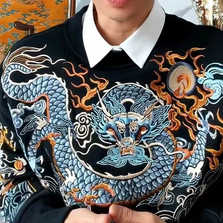 2024 New Men\'s Dragon Clothing Traditional Chinese Printing Dragon Clouds Jacket Tops Retro Fashion National Style Long Sleeve