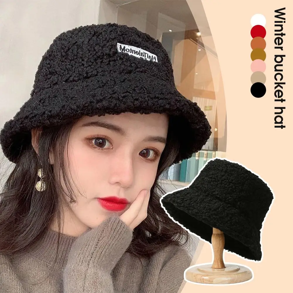 Koreanischer Fischerhut, reine Farbe, warm, bestickt, Buchstaben-Mütze, Plüsch, leichte Kappe, Unisex, lässiger Eimerhut