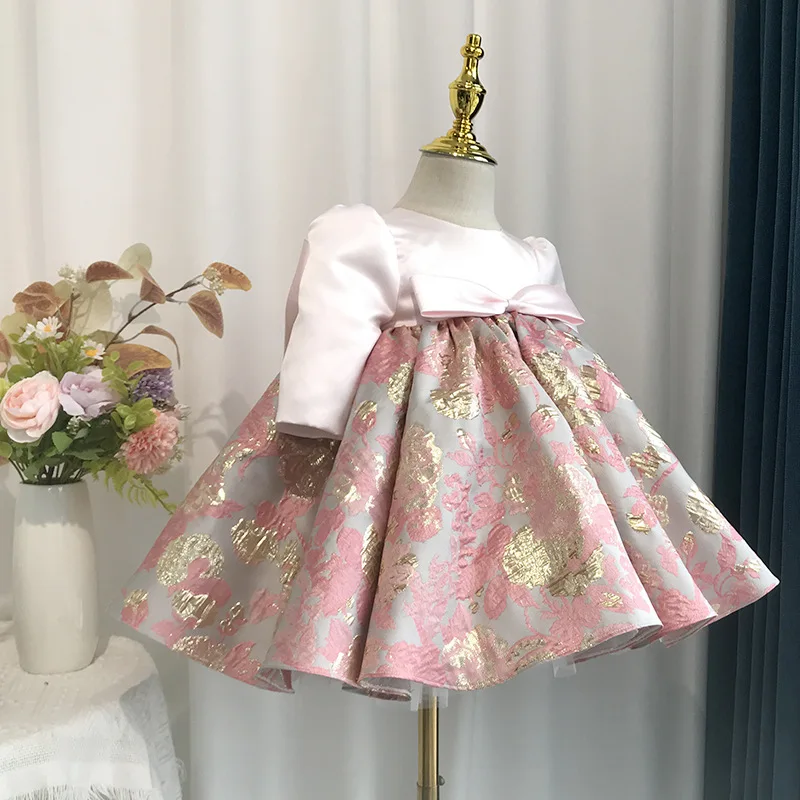 Vestido de fiesta de princesa de satén con estampado bonito para niños, vestido de fiesta de cumpleaños de manga larga con lazo a la moda para niñas y1423