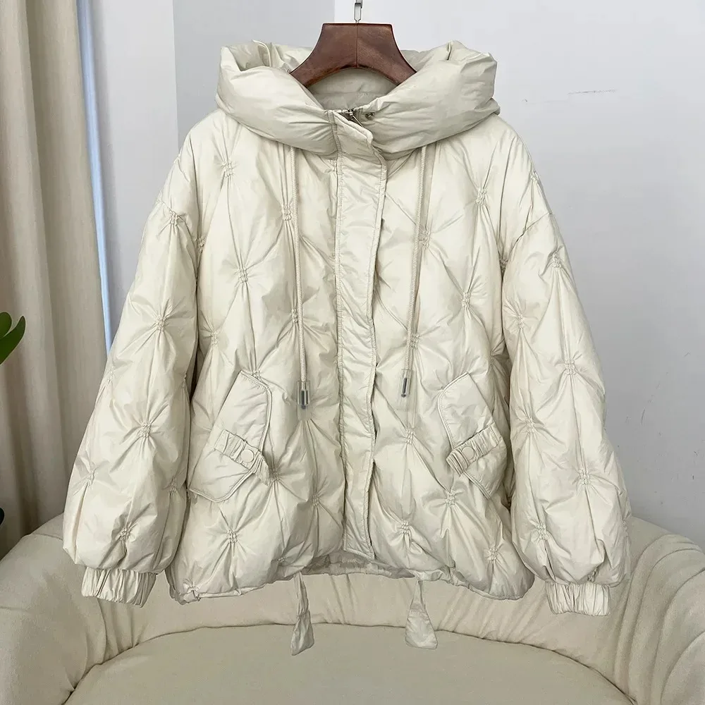 2024 Autumn Winter Korean Style Loose Warm Hooded Down Jacket Women\'s Jacket Thickened 50% White Duck Down Jacket Coat